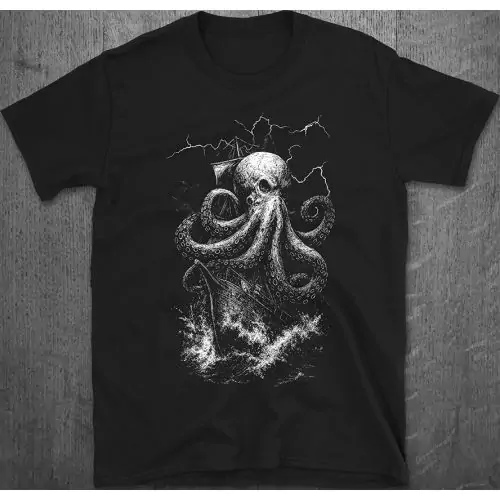 Kraken Aanval Gothic T-shirt, Donker Zee Monster Horror Shirt