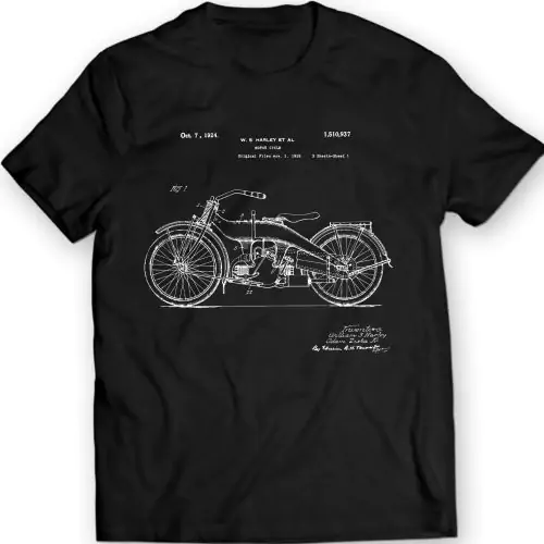 Rijd door de tijd: Harley Davidson motorfiets patent-T-shirt 1923