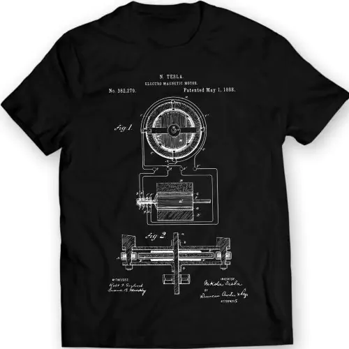 Breng jouw stijl aan met het "Tesla Electric Motor 1888 T-shirt." Dit T-shirt heeft het authentieke patentontwerp en is een strak eerbetoon aan de baanbrekende elektromagnetische motor van Nikola Tesla.