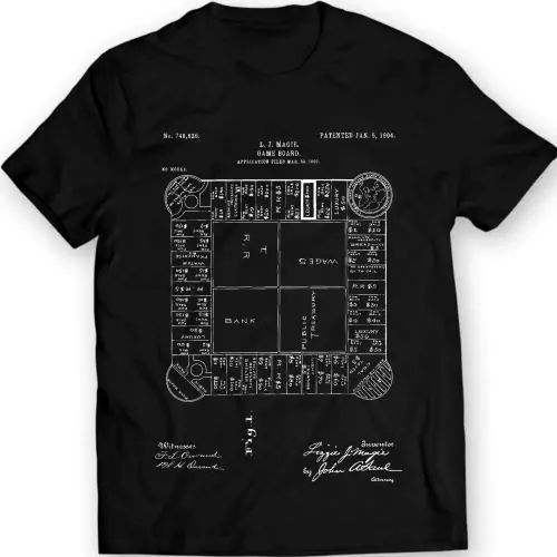 Betreed het rijk van de bordspelgeschiedenis met ons Landlord's Game Patent 1904 T-shirt, een eerbetoon aan de voorloper van het iconische Monopoly. 